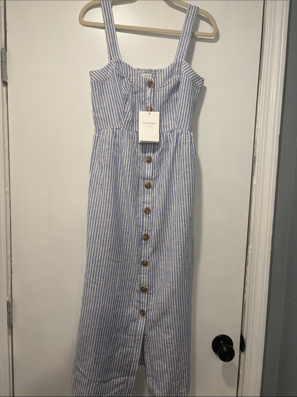 Seraphine Blue & White Striped Button-Front Midi Dress